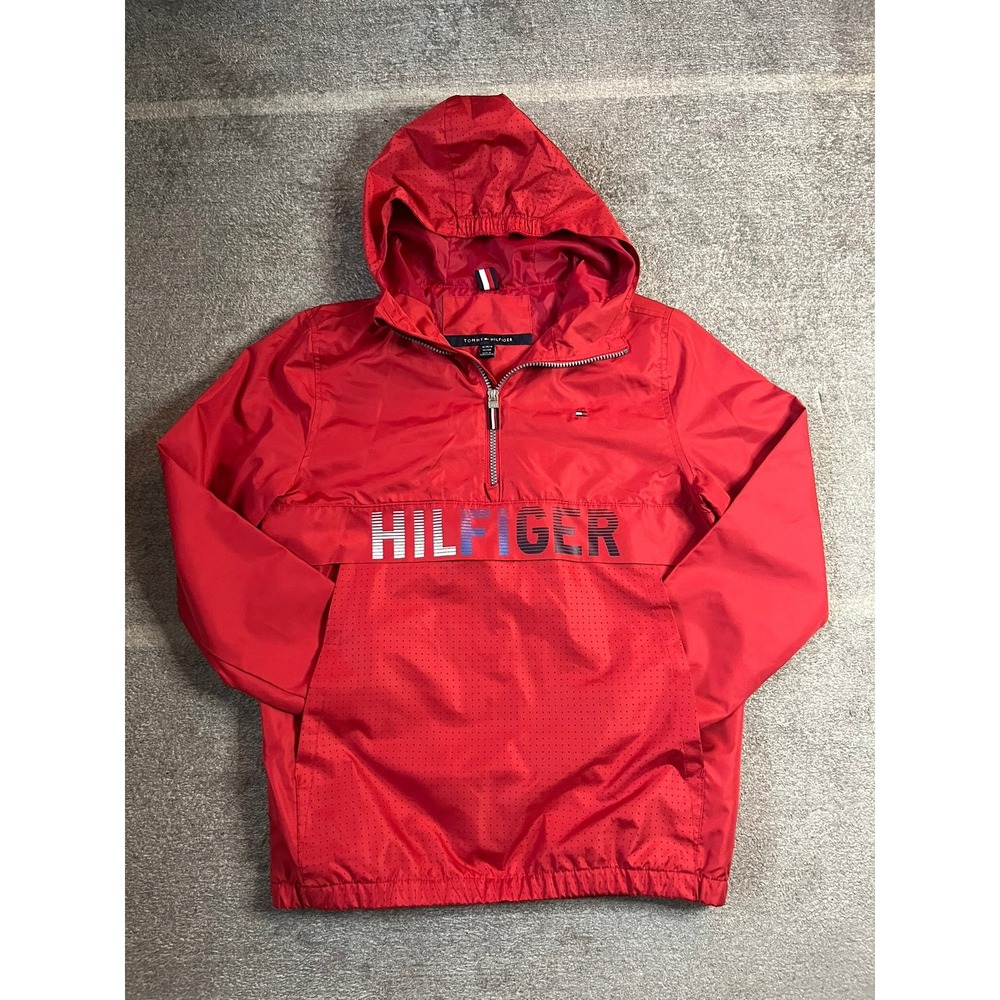 Tommy Hilfiger Red Quarter Zip Windbreaker Pullover Womens M 12/14 Preppy EUC